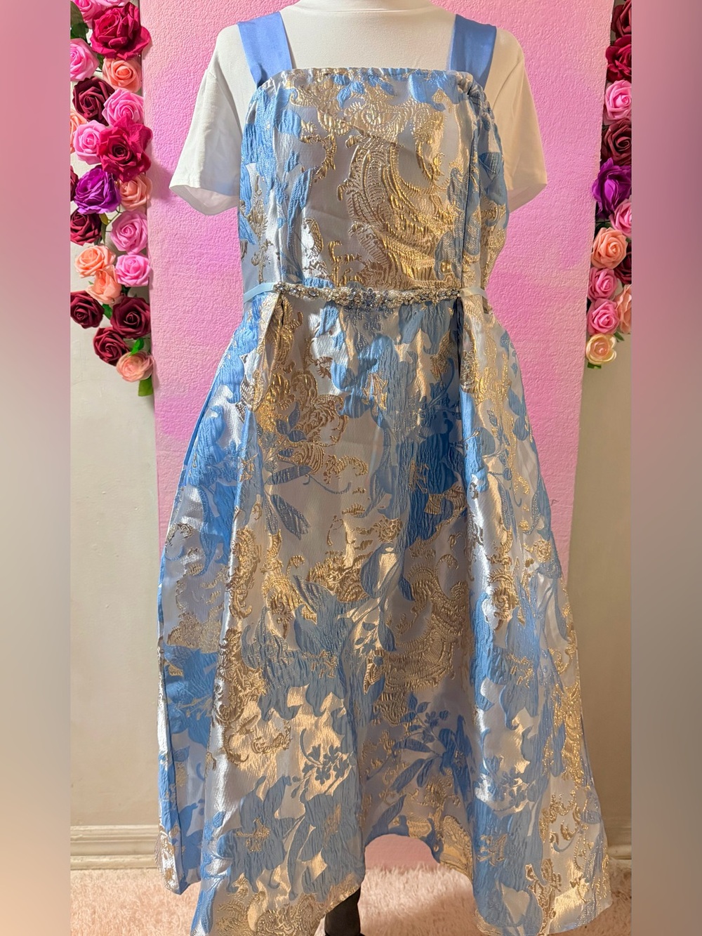 Light Blue and Gold, Floral Jacquard Glam Party Dress For Woman Size XL.